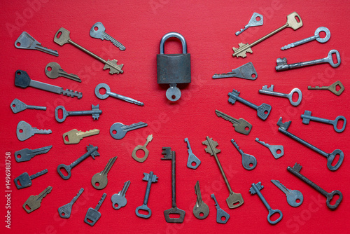 One lock and many different old keys on red background, top view, closeup. Group of old keys look like sperm competition