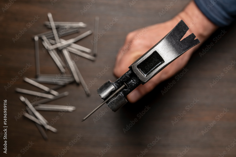 Naklejka premium Multifunction shockproof steel hammer with nail in hand, closeup, top view. Hand tool for working. Magnetic claw hammer for woodworking, nail suction hammer