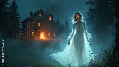 Ghostly Figure Emerging from Misty Forest Near a Haunted House