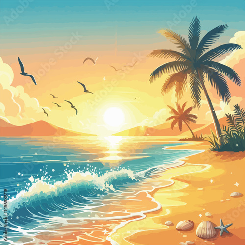 Bright and cheerful summer vacation vector design featuring tropical elements like palm trees, beach umbrellas, surfboards, sun hats, and waves. Ideal for travel posters, holiday promotions, and summe