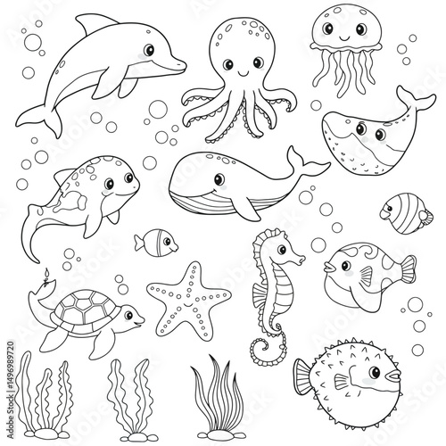 Coloring page with illustration cute happy sea animals for design element on white background. Dolphin, whale, octopus, jellyfish, stingray, starfish, seahorse, turtle, algae, water bulbs, puffer fish