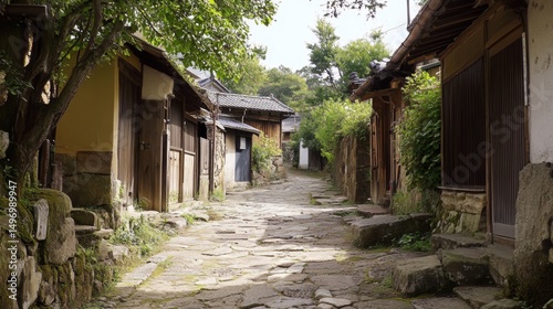 Scenic pedestrian street with traditional houses and stone pavement in a Japanese village