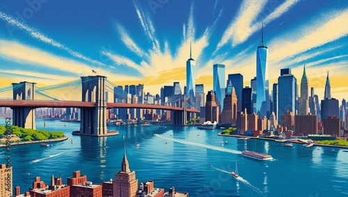 Vibrant New York City Skyline with Brooklyn Bridge