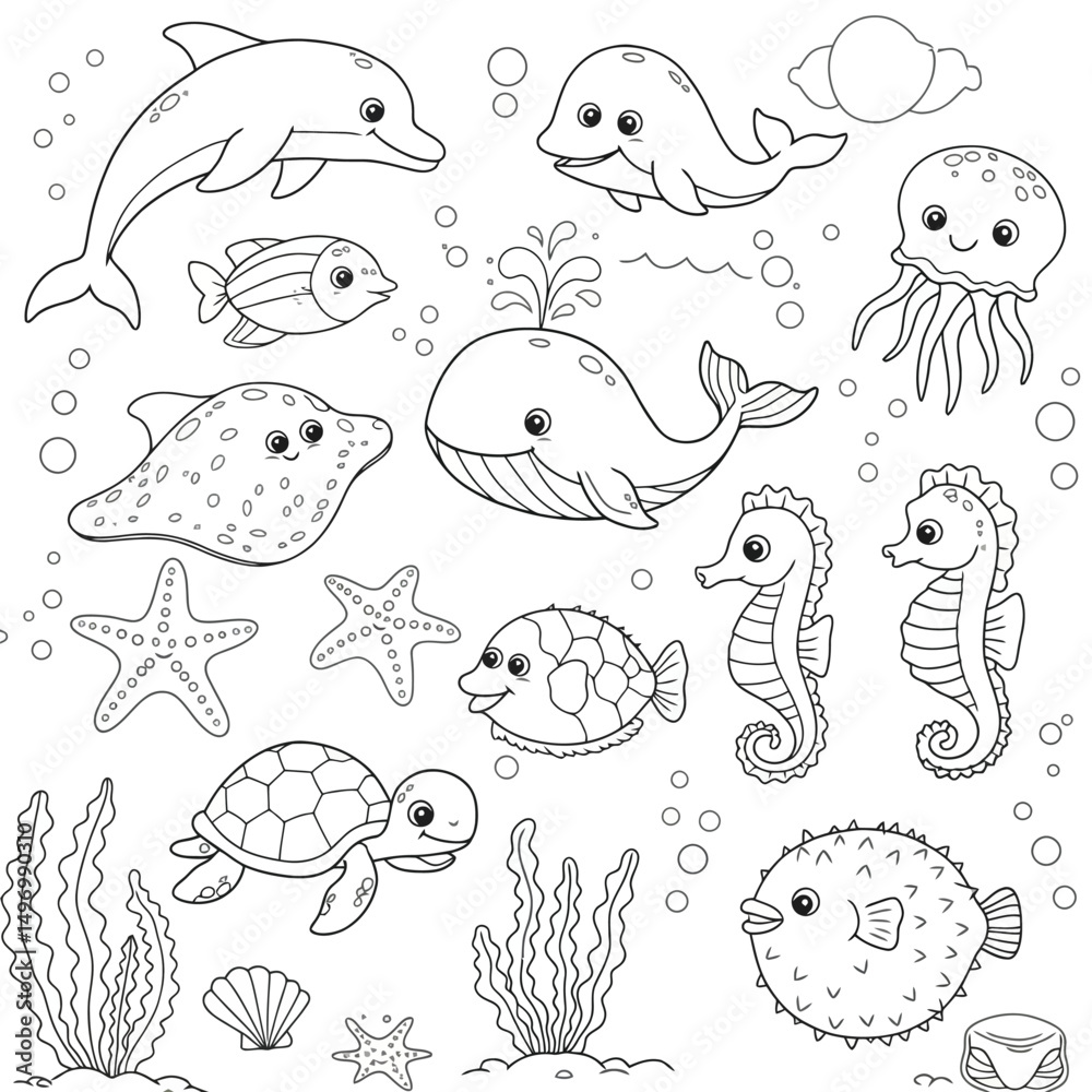 Fototapeta premium Coloring page with illustration cute happy sea animals for design element on white background. Dolphin, whale, octopus, jellyfish, stingray, starfish, seahorse, turtle, algae, water bulbs, puffer fish