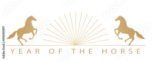 The Year Of The Horse Chinese Zodiac Symbol With Prancing Horses And Sunrise Isolated On A White Background. Vector Illustration.
