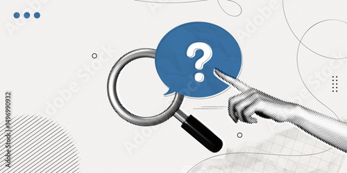 Trendy Halftone Collage Magnifying glass and speech bubble message with question mark. Problem analysis. Find solution or answer on forum. FAQ frequently. Contemporary vector illustration art