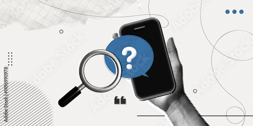Trendy Halftone Collage Phone with magnifying glass and speech bubble with question mark. Problem analysis. Find solution or answer on forum. FAQ frequently. Contemporary vector illustration art
