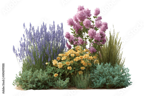 [Transparent Background PNG]Colorful Flowerbeds with Lavender and Hydrangeas