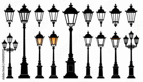 Collection of Black and White Silhouette Lamp Post Illustrations