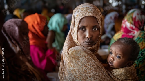 Somali mother in patterned headscarf holding her baby, sitting among other women in colorful hijabs, waiting for food at a communal dinner setting