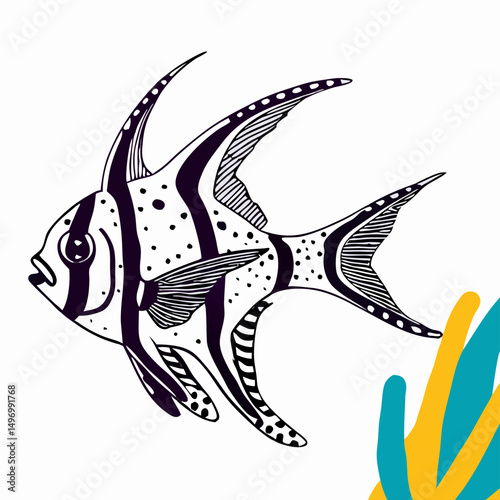 Black and White Fish Illustration, Angelfish Line Art, Marine Life Drawing