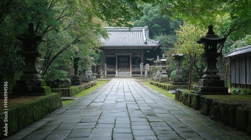 Traditional Asian Temple Exterior and Stone Lanterns in a Lush Forest Landscape