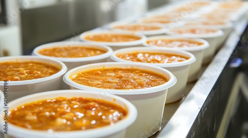 Freshly Prepared Soup in Containers on a Production Line