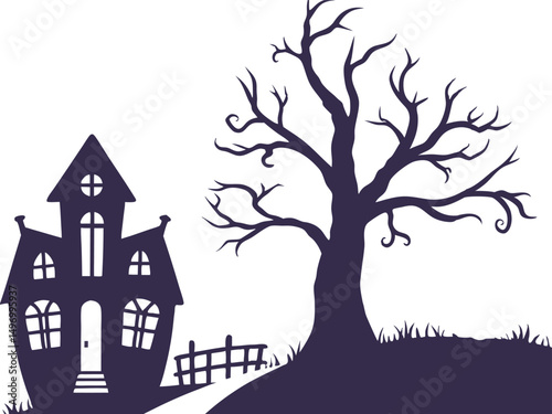 Spooky Halloween Silhouette of Haunted House and Cemetery