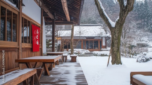 Snowy exterior of a traditional timber building with tables and seating in an outdoor setting