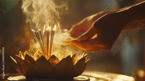 47.A serene scene of hands placing incense sticks into a lotus-shaped burner, the glowing tips releasing gentle curls of smoke in a sacred setting.