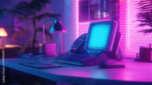 Retro workstation illuminated by vaporwave aesthetic lighting in an interior setting