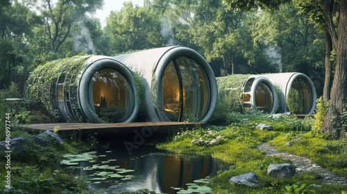 Futuristic Round Prefabricated Residences with Greenery near a Pond in Natural Environment