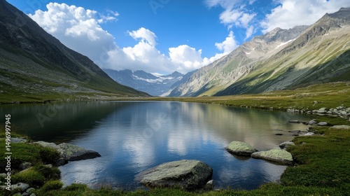 Mountain lake reflects sky with clouds surrounded by mountains and meadow
