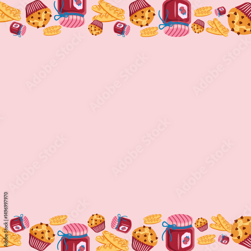 Cute bakery border with muffins, baguettes, croissants, and jam jars on a light pink background. Perfect for menus. Vector illustration.