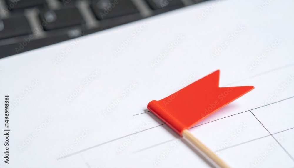 Fototapeta premium Impact tariff concept. Red flag on a document near a keyboard, indicating importance or urgency.