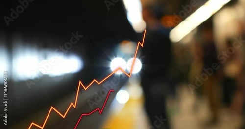 Headlights appearing triggers line charts climbing spiking showing trends, commuter edging platform
