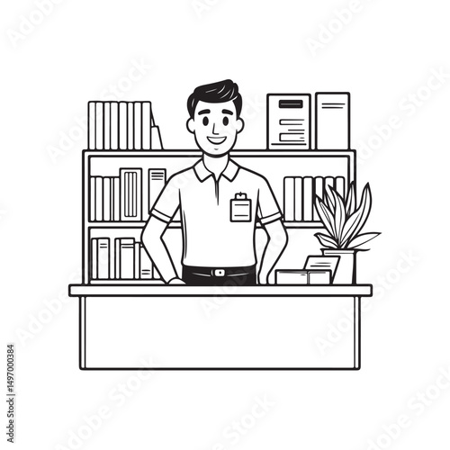 Vector illustration of a library keeper or librarian standing among shelves filled with books isolated on white background.