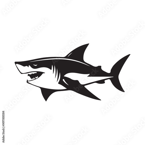 Vector illustration of a scary shark silhouette with sharp teeth and an aggressive pose isolated on white background.