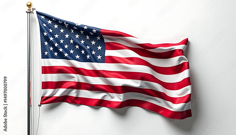 Fototapeta premium American Pride: The American flag flutters with patriotic fervor, its red and white stripes and field of stars symbolizing freedom and unity in a close-up against a white background.