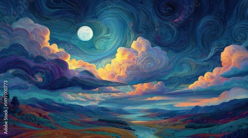 fantastical planet with swirling clouds and colorful landscapes. Generative AI.