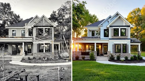 Construction and renovation of a new house in the middle of nature, before and after presentation, black&white and color images. Modern technologies and innovations, real estate, environmental safety