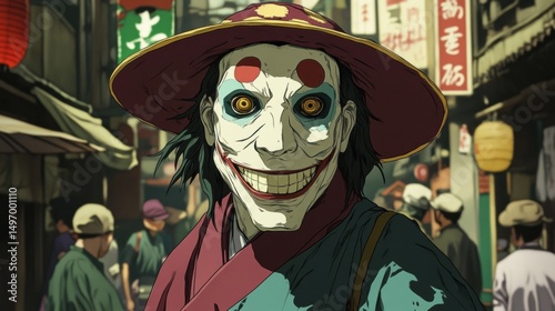 Disturbing Smiling Figure Wearing Traditional Hat in Crowded Outdoor Street