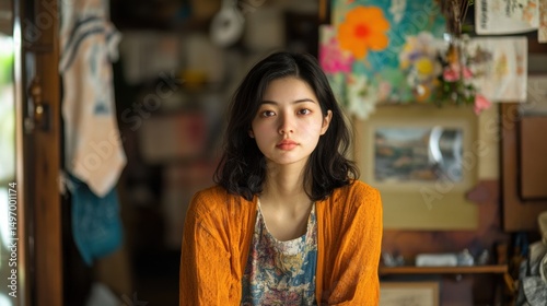 Portrait of a Serene Asian Woman with Floral Artwork in a Rustic Interior