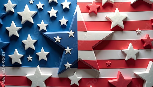 Patriotic American Flag: A dynamic representation of the United States flag, the image combines vibrant colors and star-shaped elements to express the patriotic spirit and national identity.