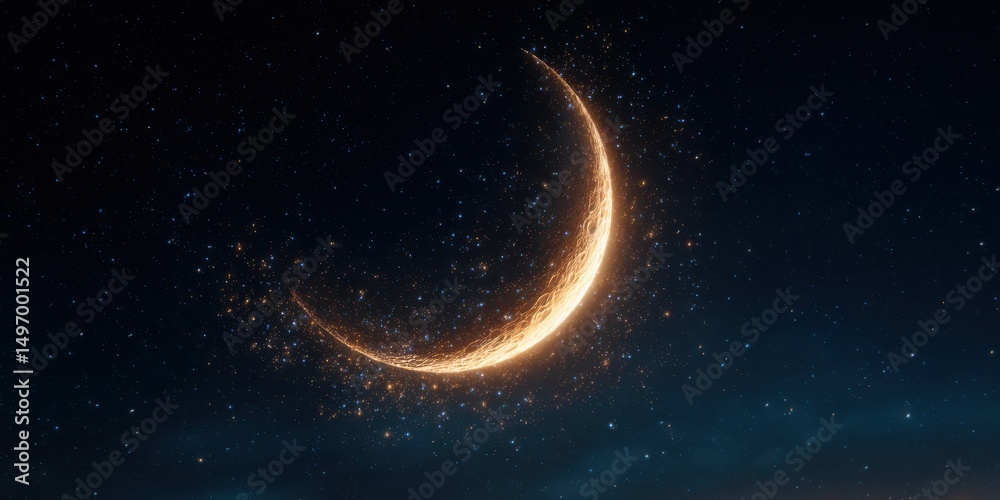 Fototapeta premium Crescent moon illuminates the night sky with shimmering stars scattered across a tranquil evening