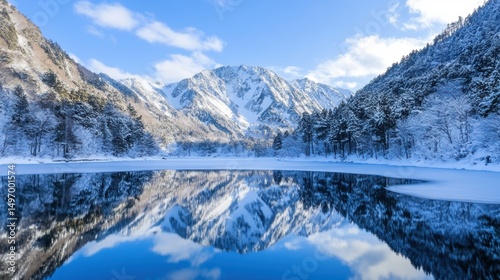 Snow-Capped Mountain Peaks Reflected in Tranquil Alpine Lake during Winter