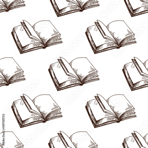 Hand drawn vintage seamless pattern of open sketchbook and blank pages in brown ink, classic engraving style