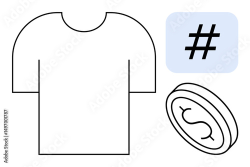 T-shirt outline, dollar coin, and metadata tag in blue evoke fashion branding, merchandise sales, and social media promotion. Ideal for retail, e-commerce, marketing, online influence branding