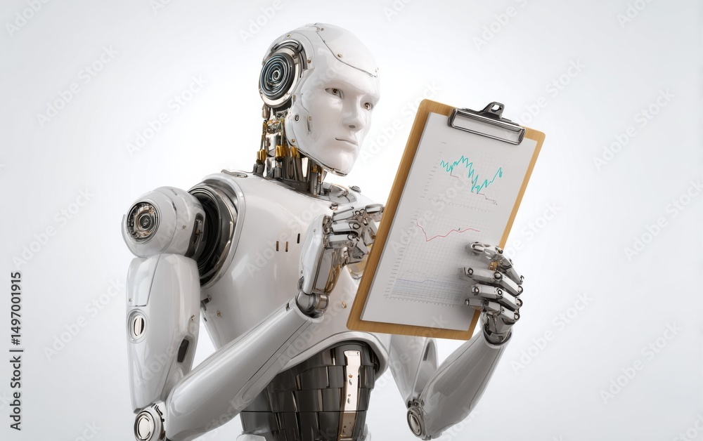 Naklejka premium Robot analyzes financial data while holding a clipboard with graphs and charts in a modern setting