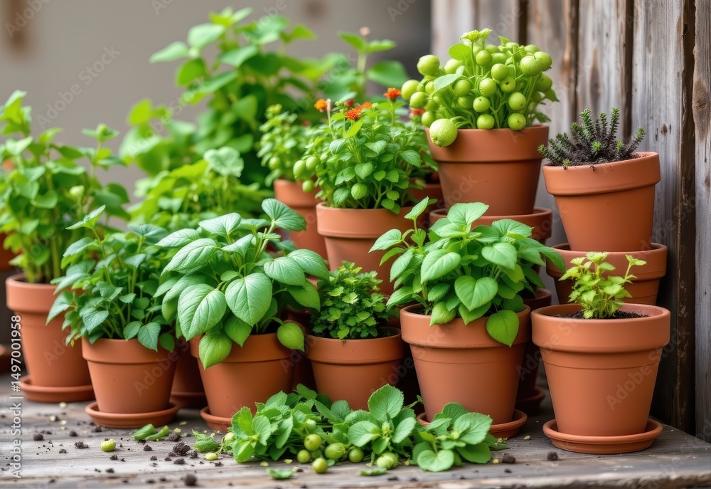 clay pots stacked with herbs spilling out, organic garden apothecary clay pots stacked with herbs spilling out, organic garden apothecary