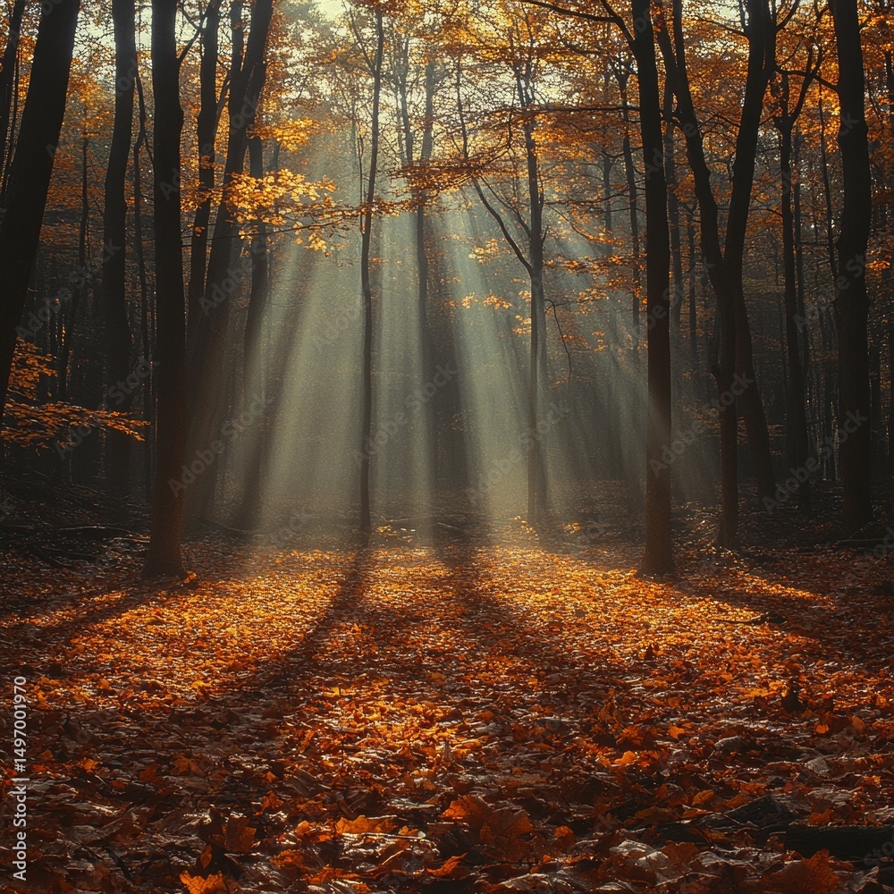 Fototapeta premium Sunbeams in autumn forest; fall leaves, nature background