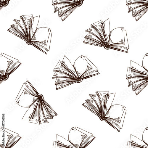 Hand drawn vintage seamless pattern of open sketchbook and blank pages in brown ink, classic engraving style