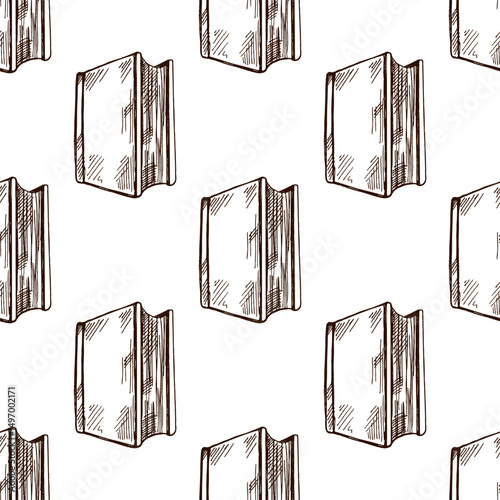 Seamless pattern with hand drawn vintage sketch of standing closed book in brown ink engraving style
