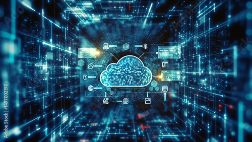 Foto High-tech cloud computing interface with data icons analytics and digital data c