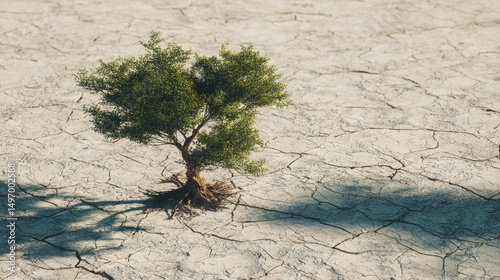 Generative AI illustration of small green tree growing in dry sandy terrain with cracks on sunny day in desert representing concept of drought.