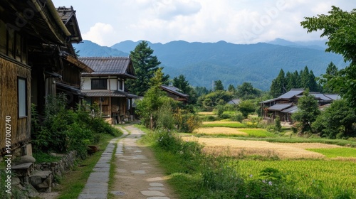 Rural Japanese Village with Traditional Farmhouses and Mountain Backdrop