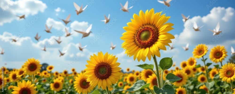 Fototapeta premium surreal field of sunflowers with sky filled with flying paper cranes, poetic symbolism of peace and beauty