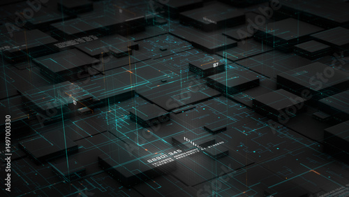 3D blockchain and digital data network with glowing circuitry and tech blocks, ideal for cryptocurrency, fintech, and decentralized systems visuals. Technology abstract background 3D Rendering