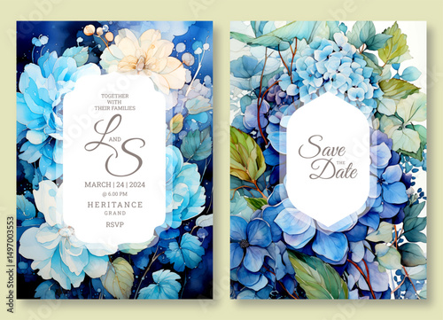 Blue blooming art wedding invitation template, business brochure template, flyer design, universal background, versatile vector background, creative brochure template, party invitation template