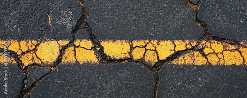 Cracked asphalt road, faded yellow line